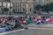 Budapest - June 21, 2019: Yoga event at dawn in Heroes Square in Budapest, Hungary