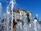 Budapest popular urban square summer scene with fountain and blue sky