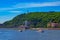 Budapest spring cityscape with Danube River, Gellert Hill and pier