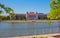 Budapest spring cityscape with Danube River and historic Budapest University building