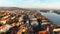Budapest sunrise skyline, aerial view. Danube river, Buda side, Hungary