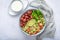 Buddha bowl with beetroot falafel balls and lemon yogurt dip. Tabbouleh salad.