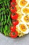 Buddha bowl with bulgur, green beans, cherry tomatoes and boiled egg halves.