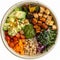 Buddha bowl filled with a variety of colorful and nutritious ingredients, protein, vegetables and carbohydrates.
