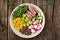 Buddha bowl lunch with grilled beef steak and quinoa, corn, avocado, cucumber