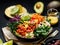 Buddha bowl of mixed vegetables, tofu cheese and groat on a black background. Gourmet and nutritious vegan meal.