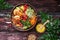 Buddha Bowl with Quinoa, Avocado, Roasted Chicken, Broccoli, Carrots and Turmeric Sauce