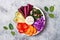 Buddha bowl with roasted butternut, hummus, cabbage. Healthy vegetarian appetizer or snack platter. Winter veggies detox lunch