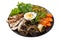 Buddha bowl, wholesome food, chicken meat and fried eggplant, beans and carrots, decorated with egg