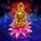 Buddha figure in lotus flower on water, bokeh effect