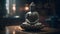 Buddha in a lotus position small statue in dark religious thoughtful environment, neural network generated image