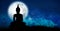 The Buddha meditated among many stars and a large moon
