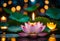 Buddha Purnima Vesak day. Lotus flower and burning candle. Generative AI