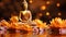 Buddha\\\'s Embrace, Serene Statue Amidst Lotus Blooms on Vibrant Orange