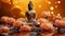 Buddha\\\'s Embrace, Serene Statue Amidst Lotus Blooms on Vibrant Orange