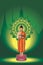 Buddha standing holding an alms bowl. Green background by color of the day Wednesday Buddha