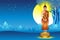 Buddha standing on lotus and blue Bodhi tree