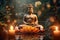Buddha statue among candles and lotus flowers, blurred background 1
