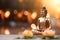 Buddha statue near flowers, blurred golden background