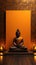 A buddha statue sitting on a wooden floor. Generative AI image.