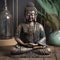 Buddha statue on wooden table in a room with plants.