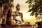 Buddha at Wat Mahathat ruins at sunset sky. Ayutthaya, Thailand