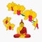 Buddhism icon meditating Buddha. Golden Buddha sitting on a orchids background.