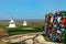 Buddhism prayer flags and stupa in steppe