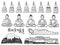 Buddhism religion Buddha statue and stupa sketches