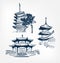 Buddhism temple set vector sketch illustration japanese chinese oriental line art design elements