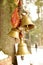 Buddhist bells hang on a tree in the mountains