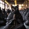 Buddhist cat, animal worship, funny illustration of a cat with folded paws in prayer. Black cat monk.