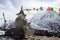 Buddhist chorten with prayer flags in Himalayas.