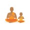 Buddhist father and his little son meditating in lotus position. Religious family. Man and boy in national costumes