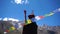 Buddhist flags fluttering in the sky over Ladakh, India