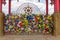 Buddhist flags at the gate of the Buddhist temple complex The Golden Abode of the Buddha Shakyamuni in Elista, Russ