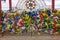 Buddhist flags at the gate of the Buddhist temple complex The Golden Abode of the Buddha Shakyamuni in Elista, Russ