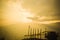 Buddhist flags at sunset panoramic view, from a sikkim hill station viewpoint. Beautiful summertime, peaceful scenic view at dusk