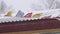 Buddhist Flags Waving in Snowfall and Temple Roof Background, Close Up