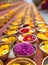 Buddhist flower offerings or gifts in bowls and rows