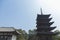 Buddhist Kofuku-ji pagoda in the city of Nara in Japan during the cherry blossoms