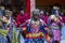 Buddhist lamas dressed in mystical mask dancing Tsam mystery dance in monastery Lamayuru, Ladakh, North India