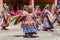 Buddhist lamas dressed in mystical mask dancing Tsam mystery dance in time of Yuru Kabgyat Buddhist festival at Lamayuru Gompa, La