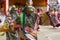 Buddhist lamas dressed in mystical mask dancing Tsam mystery dance in time of Yuru Kabgyat Buddhist festival at Lamayuru Gompa, La