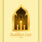 Buddhist lent day banner with yellow candle light and Buddha sign in gold window on soft yellow texture background vector design