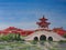 Buddhist monastery over the lotus pond, oil painting, China, Anshan