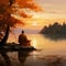 Buddhist monk in deep meditation by a serene lakeside