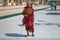 Buddhist monk goes on pilgrimage to Botataung Pagoda in Yangon, Myanmar