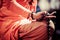 Buddhist monk hand detail, the monk in praying.