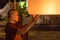 Buddhist monk holds a traditional floating lantern